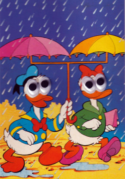 Postkarte mit Wackelaugen Donald und Daisy Doppelschirm