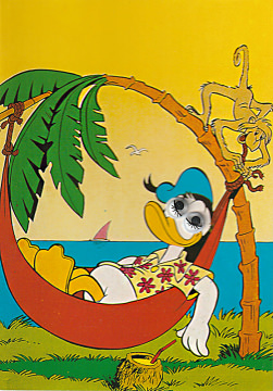 Postcard with wiggle eyes Monkey prank with Donald in the hammock